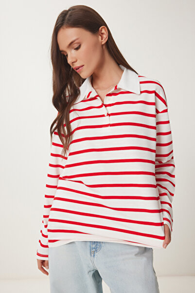 Lovelyİstanbul Çizgili Polo Yaka Örme Sweatshirt KIRMIZI KEMİK LUS0110