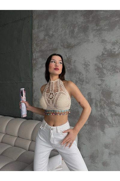 moda biz Bustieră crop elegantă pentru femei, cu cravată la spate, cu mărgele și ciucuri