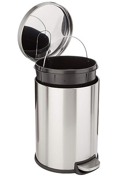 COOYA 20L cylindrical trash can, brushed stainless steel, removable inner bucket, with foot pedal, silver