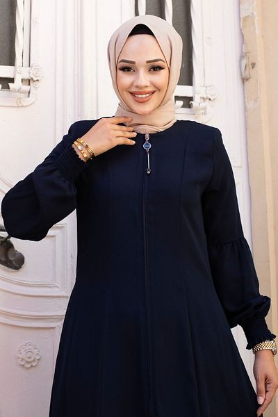 Tesettür Dünyası Námořnická modř Hidžáb Ferace - Detailní lem, dlouhý zip TSD240603