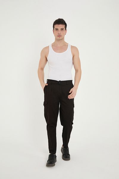 RELAXL Ανδρικό παντελόνι Gabardine Black Cargo από 100% βαμβακερό κωνικό πλισέ