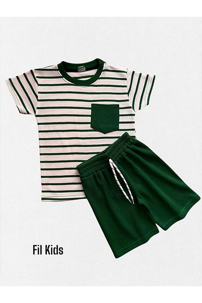 Fil Kids Boy's 100% Cotton White Green Striped Pocket Waffle Fabric Short Sleeve Shorts Summer Suit