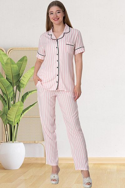 Mecit Pijama Mecit 5150 Ροζ ριγέ γυναικείο σετ πιτζάμες με κουμπιά
