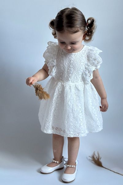 ALYRA Baby Girl Dress Birthday Party Wedding Ruffled Lined Short Sleeve Lace Dress