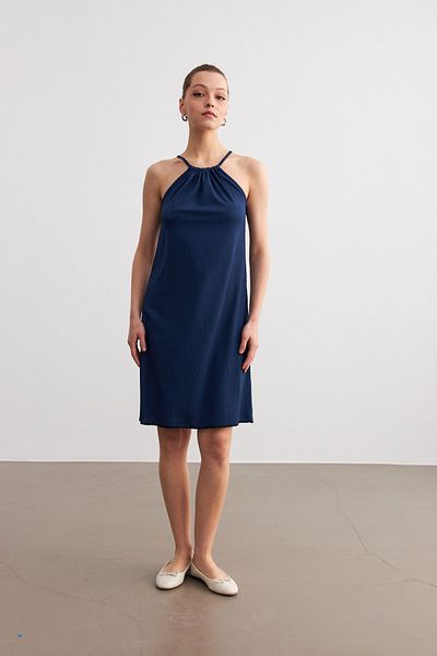 MODAGEN Γυναικείο Μίνι Φόρεμα Navy Blue Halter Crinkle