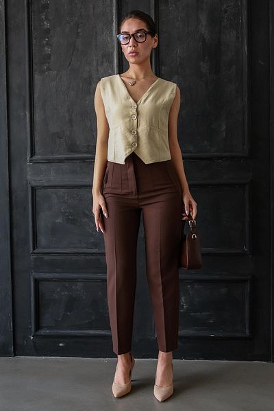 Madmext Bitter Brown Front Piping High Waist Women's Trousers Mg2425
