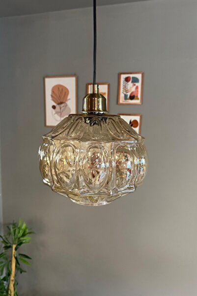 Bamyum Şila Cam Bal Rengi Tekli Avize Yarım Lale Başlık Retro Sarkıt Lamba Sa...