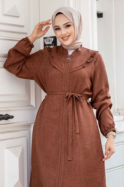 Tesettür Dünyası Zippered Linen Tunic - Brown TSD with Ruffle Detail on the Front240518