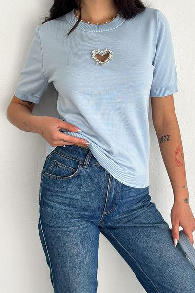 FEMELLE Women Baby Blue Standard Size Heart Stone Accessory Detailed Short Sleeve Cotton Thin Stone Knitwear Blouse