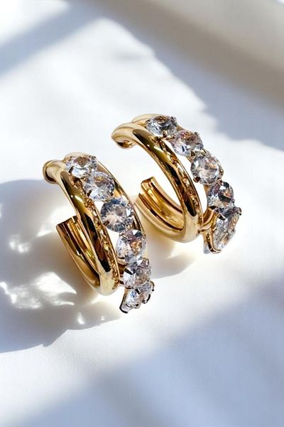 PETEK AKSESUAR DUBLE ROW Rhinestone THICK HOOP EARRING