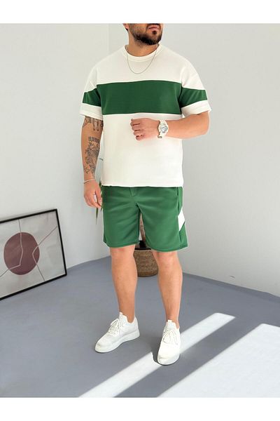 Combineman35 Green White Men's Scuba Fabric Shorts T-Shirt Bottom Top 2 Piece Set