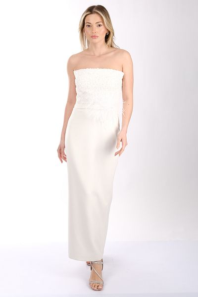 ANKYRA Strapless Feather Detailed Crepe Fabric Evening Dress 25Y3607