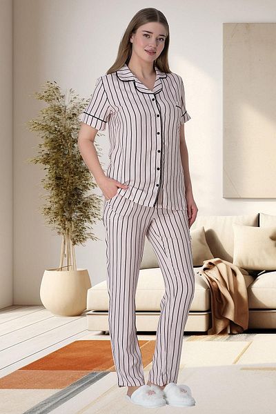 Mecit Pijama Mecit 6016 Ροζ ριγέ γυναικεία πιτζάμα με κουμπιά