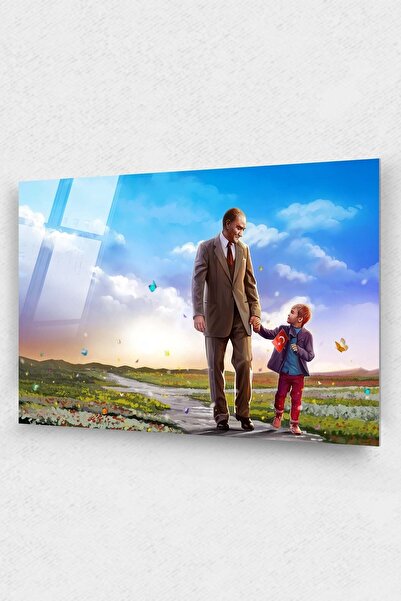 indispensablely Mustafa Kemal Atatürk Pictură pe sticlă cu copil 23 aprilie P...