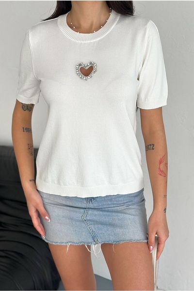 FEMELLE Women's White Standard Size Heart Stone Accessory Detailed Short Sleeve Cotton Slim Stone Knitwear Blouse