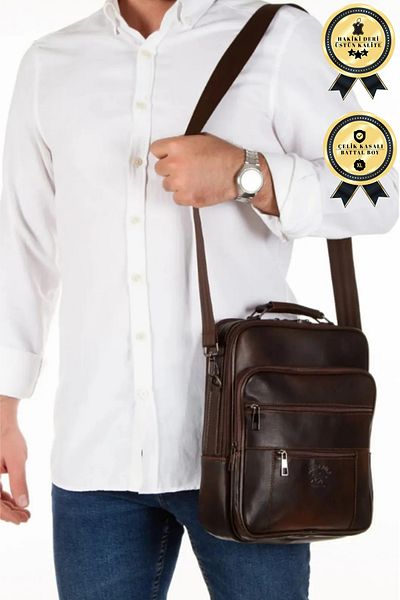 CERFF LEATHER CLUP Голяма чанта за ръце и през рамо с кафяв вертикален модел от естествена кожа и стоманен калъф