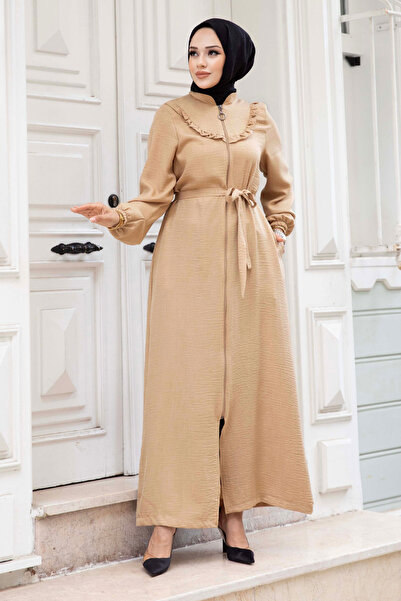Tesettür Dünyası Camel Hijab Ferace - TSD with Ruffle Detail and Zipper240510
