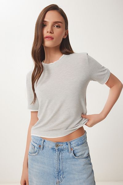 Lovelyİstanbul Tricou tricotat cu dungi contrastante GREY MELANGE BONE LUS0111
