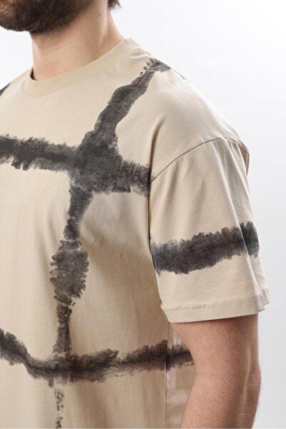 Madmext Beige Crew Neck Printed Basic Men's T-Shirt E7109