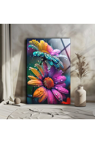 aylintac Tablou din sticlă cu flori colorate, decor de perete de lux, tablou ...