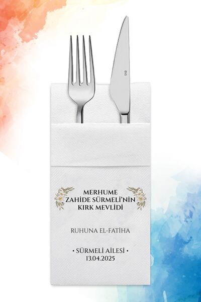 nna tasarım 50 Adet Kişiye Özel Isim Baskılı Airlaid Kumaş Dokulu Cepli Mevli...