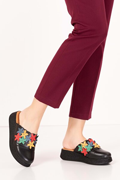 Gondol Hakiki Deri Çiçek Detaylı Sabo Terlik Mlk.3232