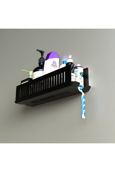 Mova Dizayn Modern Bathroom Shower Shelf, Metal, 37X10 Cm, Black, with Shampoo and Toothbrush Holder