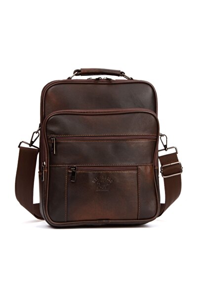 CERFF LEATHER CLUP Καφέ κάθετο μοντέλο από γνήσιο δέρμα και ατσάλι μεγάλη τσάντα χειρός & ώμου