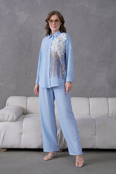 Miss Allos Women's Front Sequin Sequin Embroidered Tulle Flower and Stone Embroidered Linen Shirt and Pants Bottom Top Set