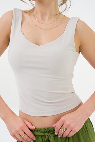 Saade Beige U Neck Straight Strap Knitted Tank Top