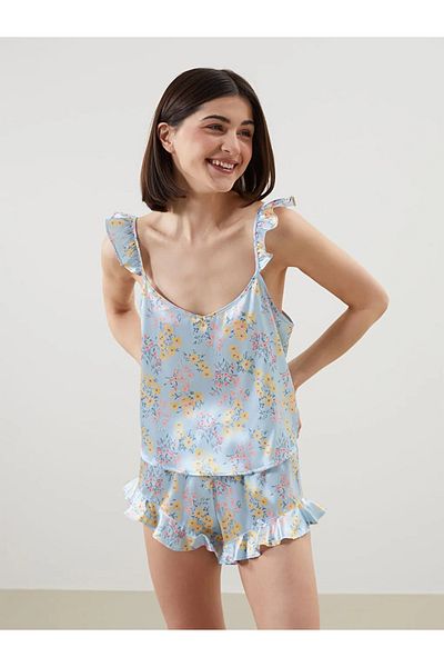 LC Waikiki LCW DREAM Set de pijamale din satin albastru cu decolteu în V pentru femei cu pantaloni scurți