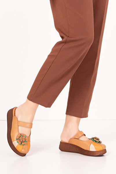 Gondol Hakiki Deri Çiçek Detaylı Sabo Terlik Mlk.3228