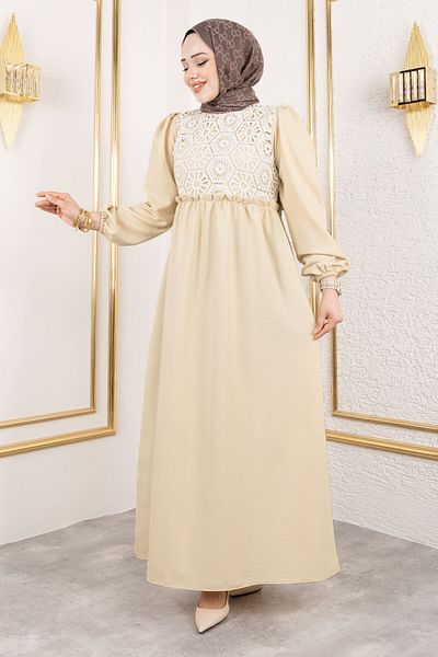 Tesettür Dünyası Beiges Hijab-Kleid – Spitzendetail vorne, TSD 240519