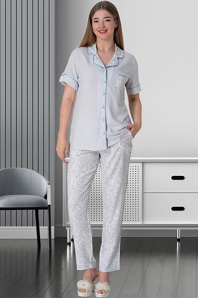 Mecit Pijama Mecit 5144 Γυναικείο Σετ Πιτζάμες Μπλε Ολόσωμο Κουμπωτό