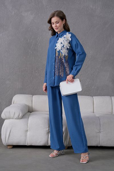 Miss Allos Women's Front Sequin Sequin Embroidered Tulle Flower and Stone Embroidered Linen Shirt and Pants Bottom Top Set