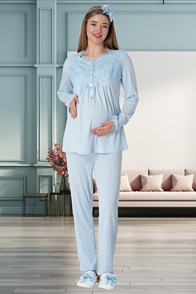 Mecit Pijama Mecit 1924 Mavi Dört Parça Hamile Lohusa Set