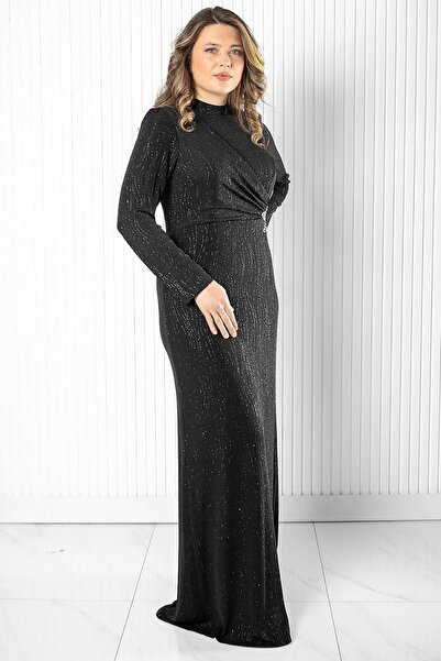 SUBU TASARIM Βραδινό φόρεμα με στάμπα λευκής πέτρας (ΜΑΥΡΟ) TBSMDA2522