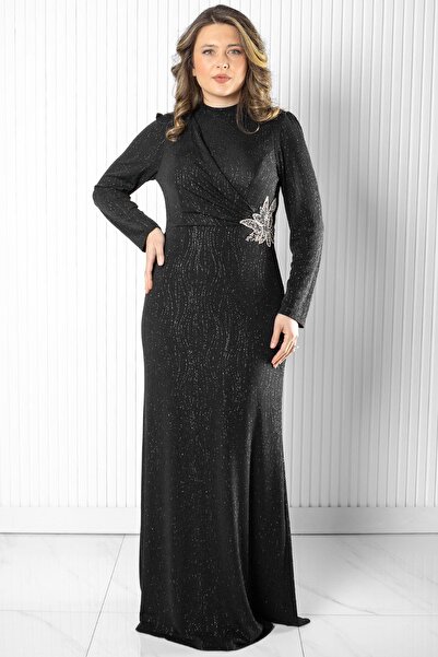 SUBU TASARIM Βραδινό φόρεμα με στάμπα λευκής πέτρας (ΜΑΥΡΟ) TBSMDA2522