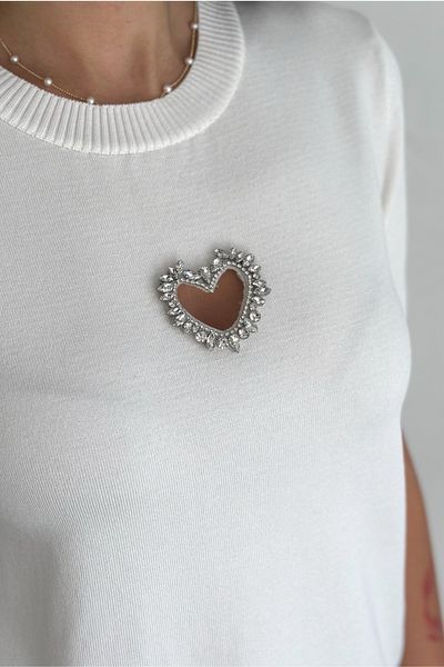 FEMELLE Women's White Standard Size Heart Stone Accessory Detailed Short Sleeve Cotton Slim Stone Knitwear Blouse