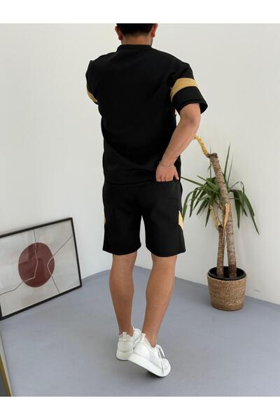 Combineman35 Black Beige Men's Scuba Fabric Shorts T-Shirt Bottom Top 2 Piece Set
