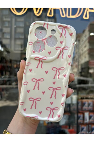 OVADA Tecno Spark 20 Pro Uyumlu Kurdele Ve Kalp Desenli 3D Dalga Kenarlı Kamera Korumalı Kılıf