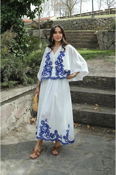 My Blog Navy Blue Embroidered 100% Cotton Shirt Skirt Set - 7165