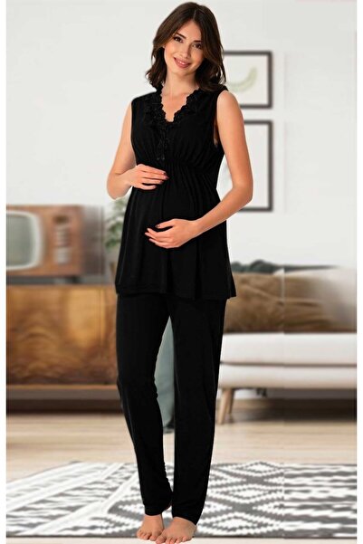 LOHOUSE Kadın Siyah Askılı Dantel Detaylı Lohusa Hamile Pijama Takım 2'li Set