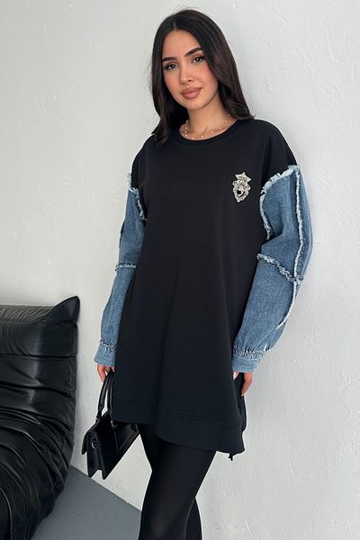 FEMELLE Rochie de damă, albastru bleumarin, cu mâneci, cu detaliu de accesoriu din denim, cu potrivire largă