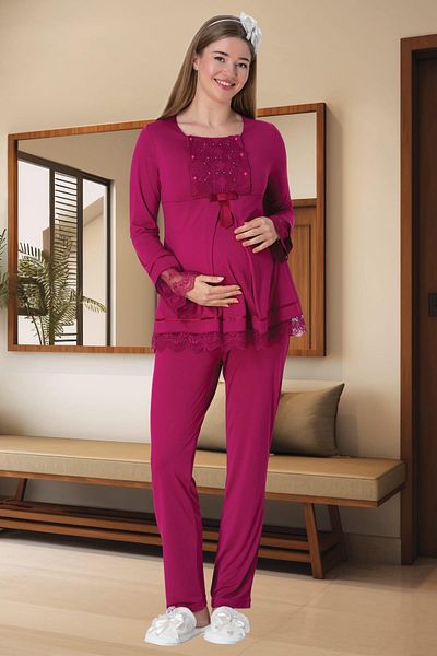 Mecit Pijama Mecit 5569 Φούξια Πλεκτά Σετ Πιτζάμες εγκυμοσύνης με Πανωφόρι