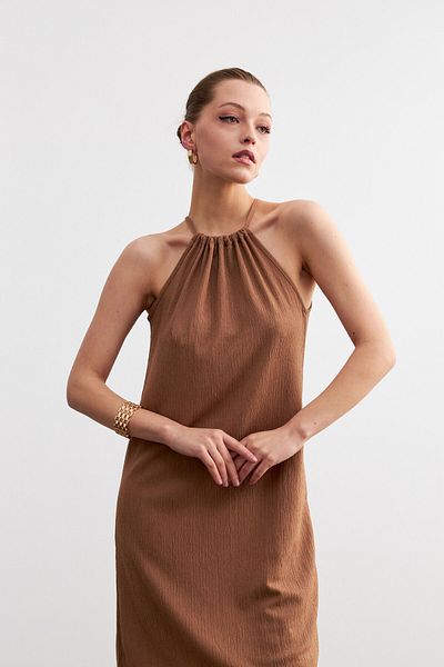 MODAGEN Γυναικείο Μίνι Φόρεμα Camel Halter Crinkle