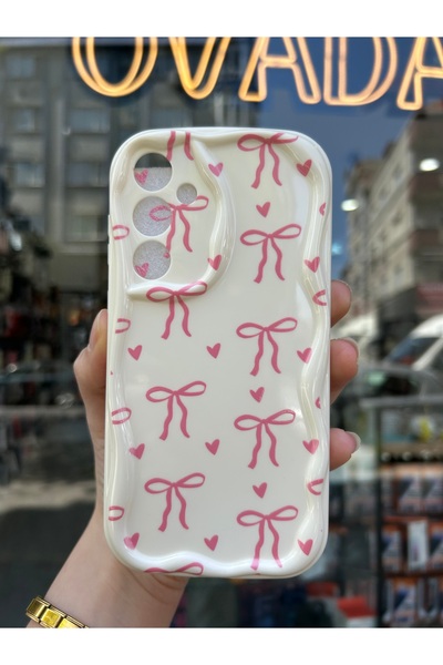 OVADA Samsung Galaxy A24 Uyumlu Kurdele Ve Kalp Desenli 3D Dalga Kenarlı Kame...