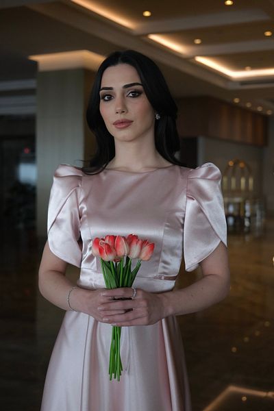 GNRDESİGN Pink Misha Flared Skirt Short Lotus Sleeve Boat Neck Evening Dress/Gown