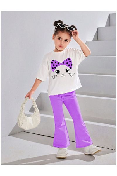 bebekpare Girl's Suit - Bandana and Cat Printed Leg Summer Set