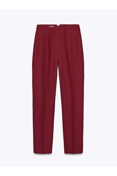Madmext Burgundy Front Bias High Waist Women's Trousers Mg2425